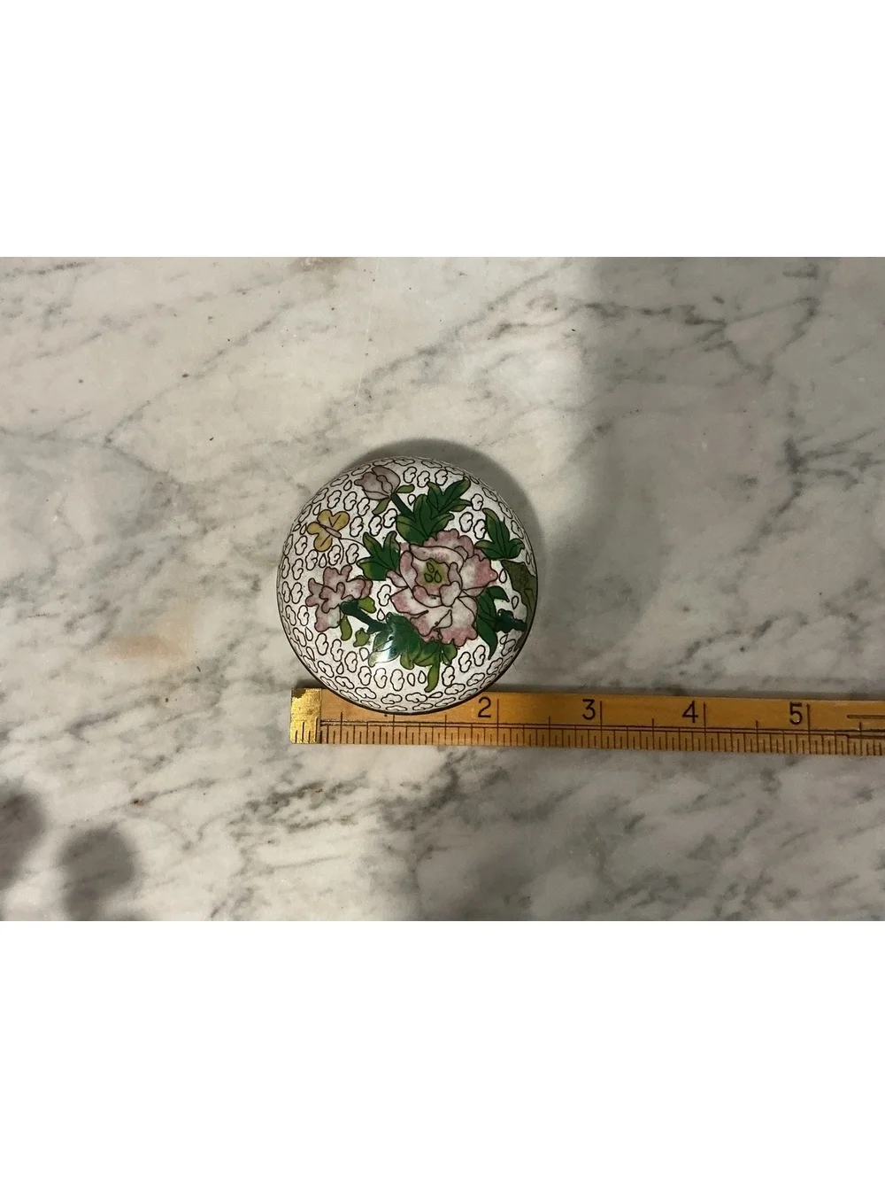Vintage Cloisonné Round Pill Box, Pink Peony Floral, White